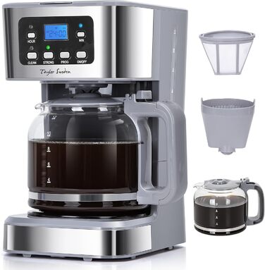 Кавомашина Taylor Swoden Darcy 950W з таймером, 1.5L, 12 чашок, автоматичне відключення, стоп-капля, багаторазовий фільтр, BPA-free (сіра)