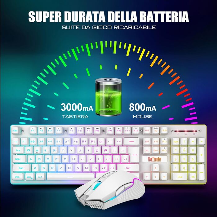 RedThunder K10 Бездротова ігрова клавіатура та миша, LED-підсвічування, акумулятор 3800 mAh, механічний відгук, Anti-Ghosting, миша 7D 3200 DPI, QWERTY-розкладка, для ПК-геймерів (Білий бездротовий)