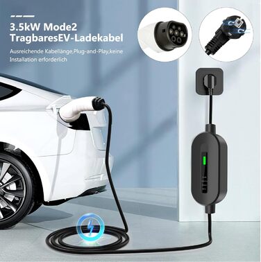 Кабель для зарядки електромобіля Type 2 Schuko 3,7kW, 16A, 5м, для електромобілів та гібридів - чорний