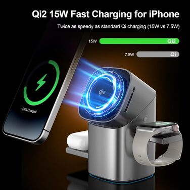 Зарядна станція QI2 3-в-1: бездротовий зарядний пристрій для iPhone, AirPods, iWatch з охолодженням та тримачем, 33W адаптер, срібний