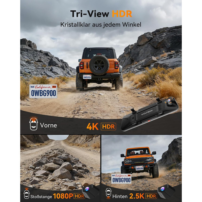 Автомобільний відеореєстратор-дзеркало WOLFBOX G900 Tripro 3-канальний 4K з камерою заднього виду (без карти пам'яті)