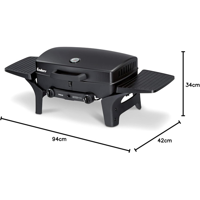 Enders® Gas Grill URBAN, Table Grill, Grilling, Cooking, and Baking Function, 2 Stainless Steel Burners, Small, with Grill Thermometer, Balcony, Camping Grill, Aluminum Die-Cast Housing, Cast Iron Grate, #2095