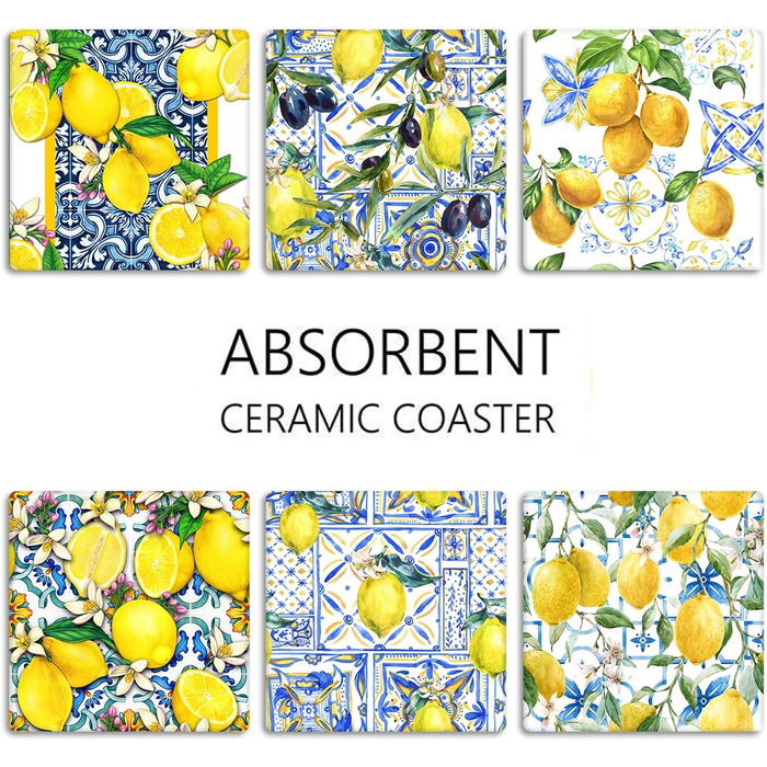 Coasters for drinks, 6 pieces, yellow lemon, fruit, blue ceramic tiles, pattern, absorbent, square, ceramic stone mat, with cork base and metal holder, housewarming gift