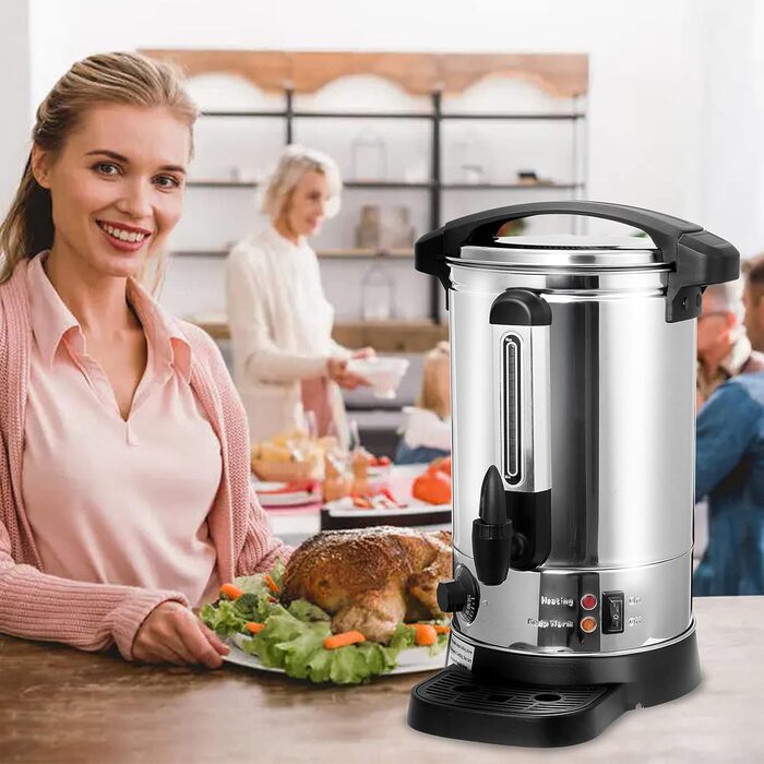 8L Mulled Wine Warmer - Stainless Steel Mulled Wine Pot with Drip Tray, Tap, and Temperature Setting (30-110°C) - Mulled Wine Dispenser / Hot Beverage Dispenser