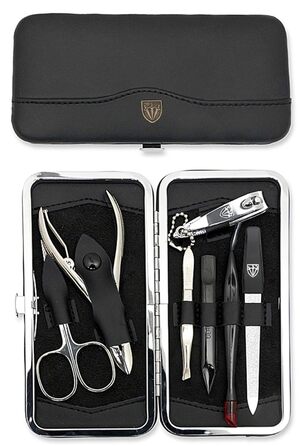 Набір для манікюру Drei Schwertter 'Pesaro' 7 предметів | Чорний шкіряний кейс | Ніж для шкіри, щипці для нігтів, пінцет, алмазна заточка, інструмент 2-в-1, ремувер для кутикули, кусачки для нігтів