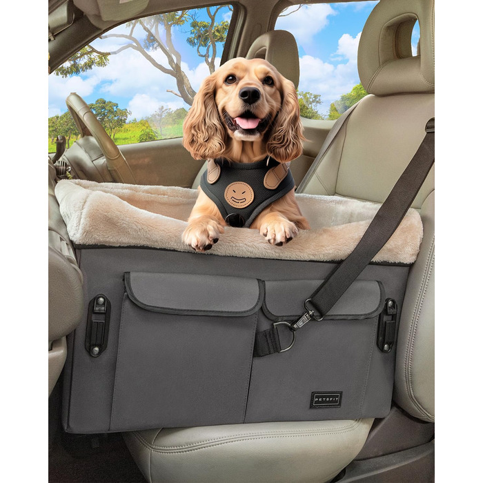 Автокрісло для собак Petsfit M, сірий: зручне автокрісло для середніх та 2 маленьких собак з підкладкою, ременями та кишенею