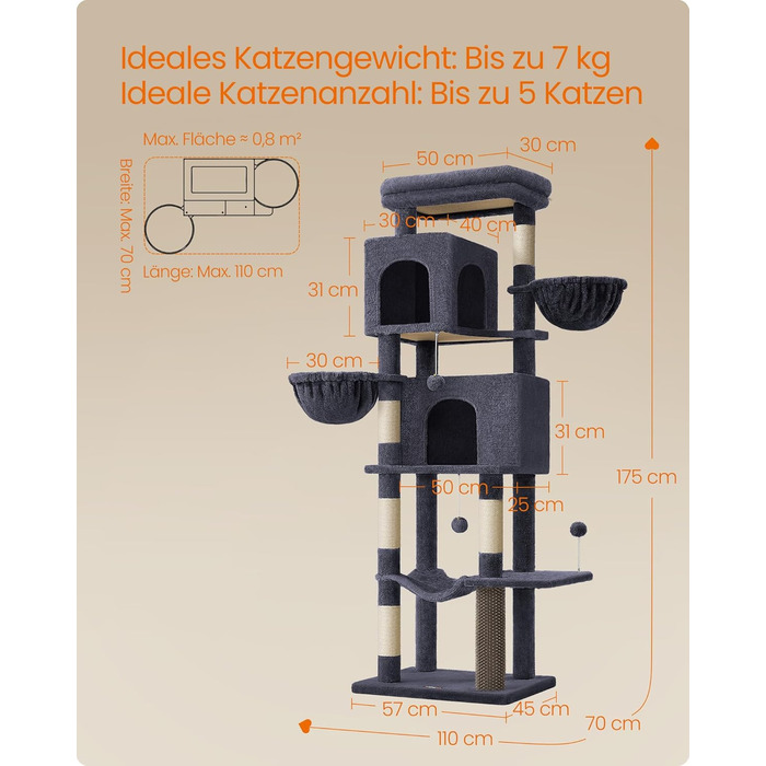Кігтеточка Feandrea, 175 см, XL, багатоярусна з 2 будиночками, 2 лежаками, 5 кігтеточками, щіткою для котів, великою платформою, темно-сіра
