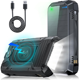 Портативний зарядний акумулятор Solar Powerbank 49800mAh з сонячною панеллю, PD 30W, USB-C, бездротова зарядка 15W, LED-індикатор, ліхтарик, 4 виходи, 2 входи, чорний