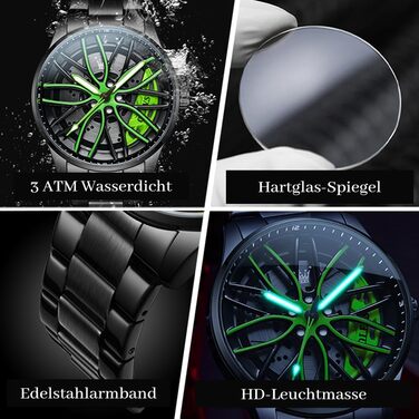 Чоловічий годинник OLEVS 9937 Кварцовий зі спортивним дизайном (диск колеса), сталь, водонепроникний, підсвічування, зелений