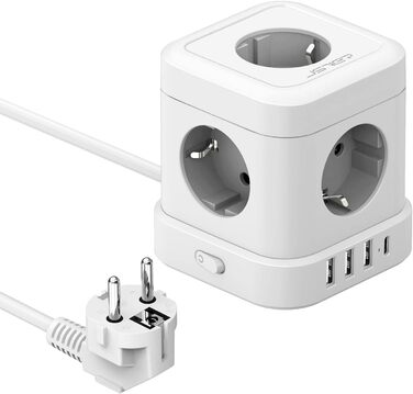 Сетевой фильтр JSVER Cube 5-портовый с USB, кубический сетевой фильтр (3680W 16A) с 4 USB-зарядками (17W), для столу, офиса, дома или в поездку, 2м кабель, белый
