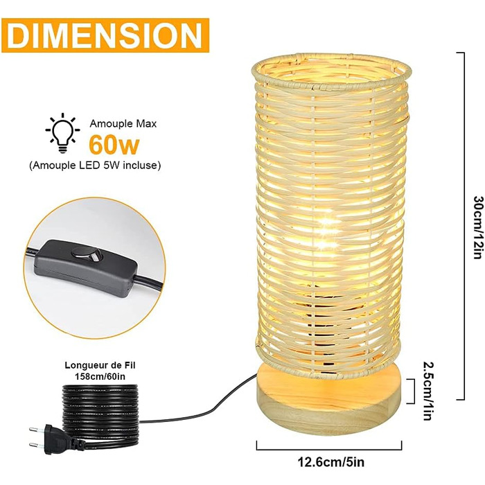 Сучасна LED лампа Depuley на стіл, бамбук та дерево, кругла, з абажуром з ротангу, 60 Вт, патрон E27, нічник, лампа для читання в спальню, дитячу кімнату, з лампою, Rund-1