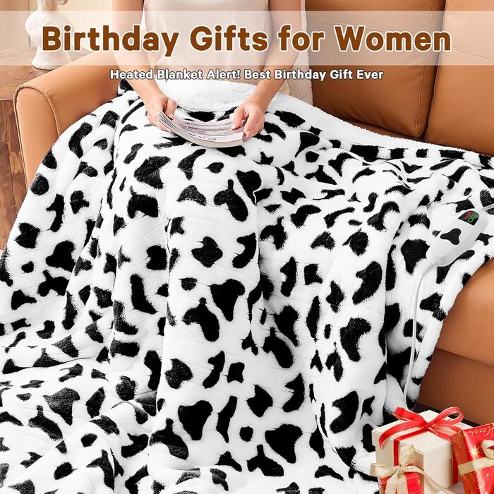 Електрична гріюча ковдра з принтом корів, подвійний розмір, 157 x 213 см, фіолетовий колір, 10 температурних режимів, автоматичне вимкнення через 8 годин, фліс, sherpa, тепла, подарунок для жінок, розмір 62'x84' (72'x84', чорно-біла корова)