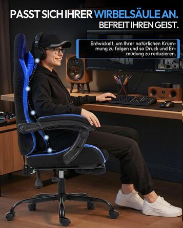 Геймерське крісло Nexthra Ergonomisch з підставкою для ніг, до 180 кг, блакитне. Регульована спинка 150°, для геймінгу та офісу