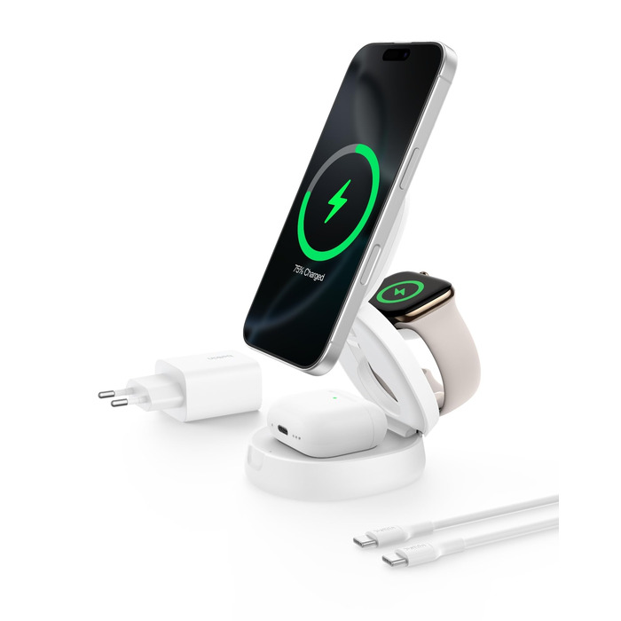 Belkin BoostCharge 3-in-1: Бездротова зарядка з MagSafe, 15W, для iPhone, Apple Watch, AirPods, Pixel, з адаптером 30W