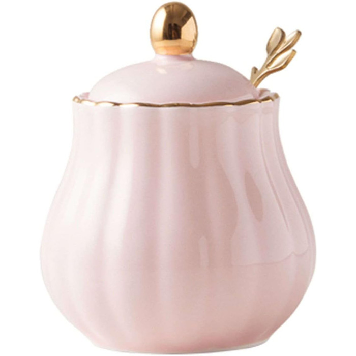 Ceramic Sugar Bowl with Spice Jars, Solid Color Sugar Bowl with Lid and Spoon, Ceramic Sugar Storage Jar, Porcelain Sugar Pot (Pink)