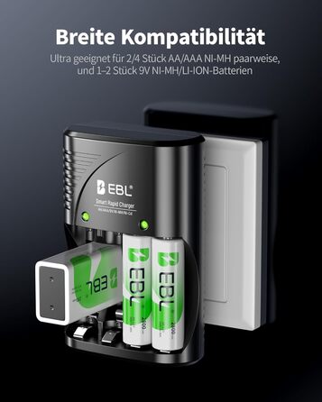 Зарядний пристрій для акумуляторів EBL AA AAA 9V NIMH з 4-ма відсіками, смарт-зарядка, LED-дисплей, швидка зарядка (з набором акумуляторів)