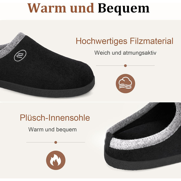 Тапочки халатні Ruyi: теплі фетрові тапочки для дому та вулиці (чорні, 40 EU) з підтримкою склепіння стопи та антиковзкою підошвою