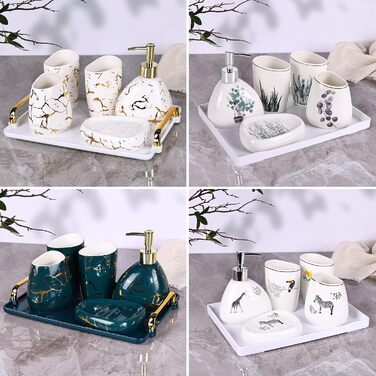 Bathroom Accessories Set, Gold Marble Look, Modern 6-Piece Bathroom Accessories Set, complete with soap dispenser, toothbrush holder, cup, tray, and countertop (Vegetal)
