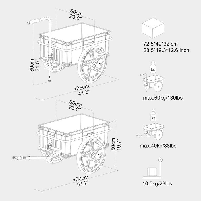 Причіп для велосипеда Tiggo VS Plus з вантажною коробкою 70 літрів (також handwagen)