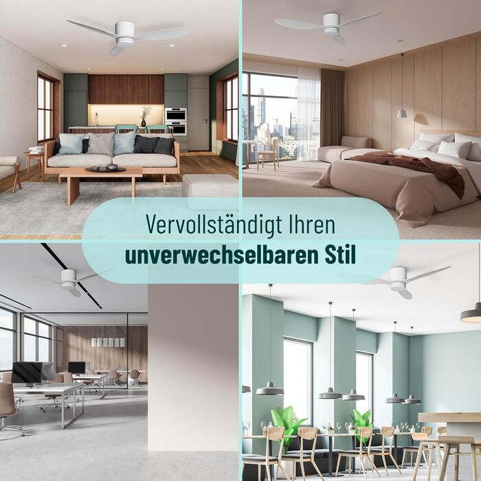 Стеляний вентилятор Noaton® Fornax Weiß з підсвічуванням, діаметр 132 см, DC мотор 40 Вт, диммований LED модуль 22 Вт, 3 колірні температури, пульт дистанційного керування, таймер, повітряний потік до 185 м³/хв.