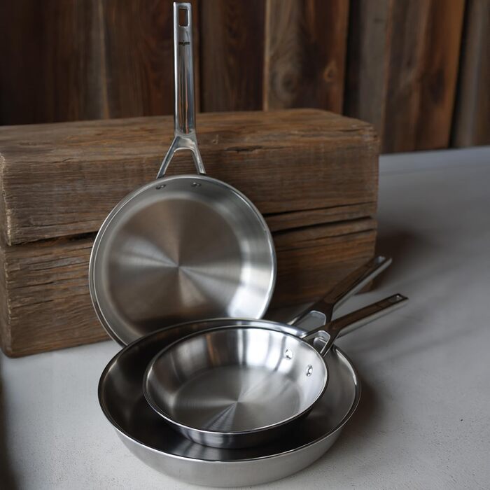 Набір сковорідок Florina Lucida (3 шт.) з нержавіючої сталі | 20, 24, 28 см | 3-шарова конструкція | Алюмінієвий сердечник | Для духовки | Ергономічна ручка | З дзеркальним блиском | Для всіх типів плит