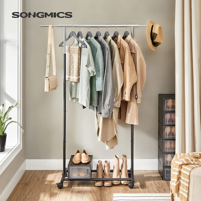 SONGMICS Clothes Rack, Clothes Rail, Coat Stand with Wheels, Load Capacity up to 25 kg, Adjustable, Silver-Black HSR101B01