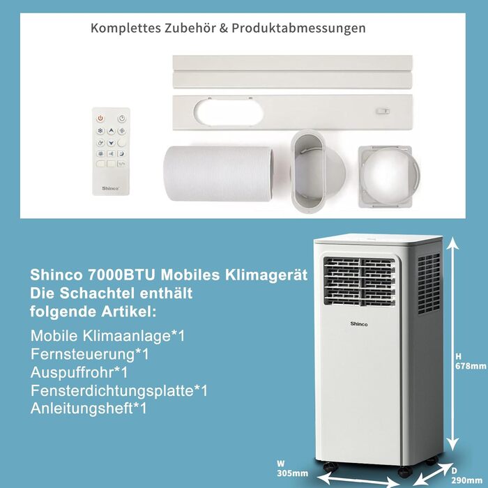 Мобільний кондиціонер SHINCO 3,5kW з випускним шлангом, охолодження/вентиляція/зневожування, для приміщень до 90 м³, білий (7000BTU-M)