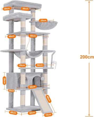 Багатоповерховий котячий будиночок Heybly Kratzbaum HCT033G сірий (200 см), з 11 стовпчиками для шліфування, платформами, гамаком, печерою та іграшками