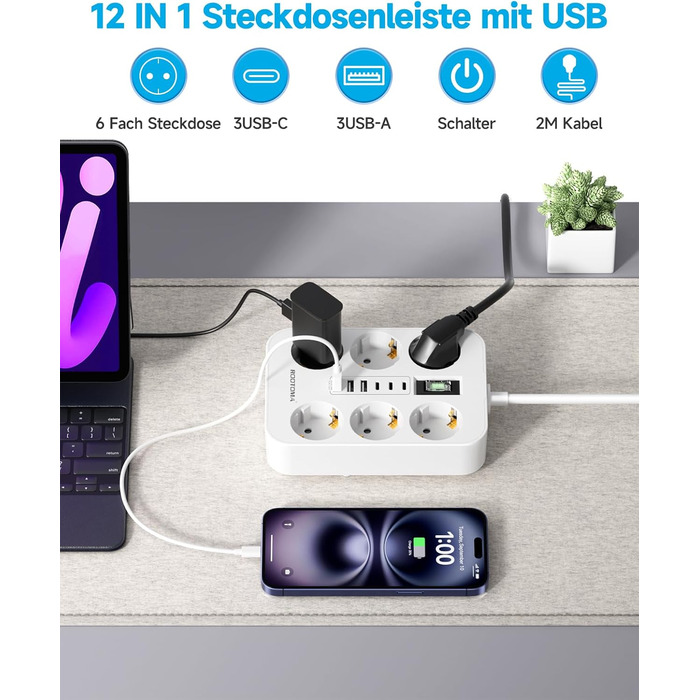 Мережевий фільтр 6-фазовий з USB (3 USB-A, 3 USB-C), з вимикачем та 2м кабелем, захист від перенапруги, чорний (2м білий)