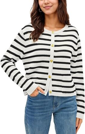 Жакет жіночий короткий з 2 кишенями на ґудзиках, смугастий, в'язаний, кардиган, мода, осінь (L, білий)