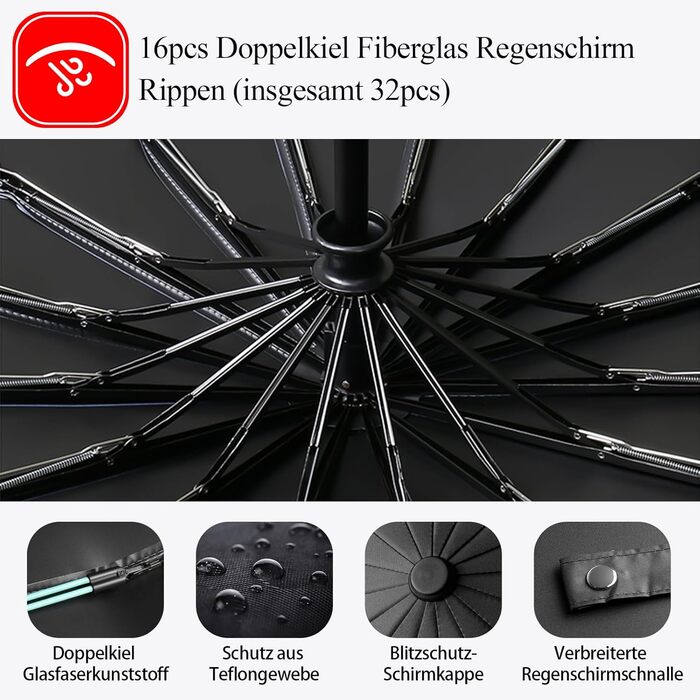 Стійкий до вітру парасолька: компактний автоматичний парасолька великого розміру з 16 ребрами, тефлонове покриття 210T, анти-UV, чорний