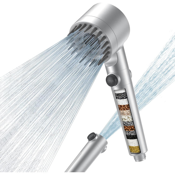 Showerhead with Filter MEKO High-Pressure Hand Shower with 15-Layer Filtration, 1.5M Hose, 3 Spray Patterns, Water-Saving Showerhead for Removing Hard Water, Residual Chlorine, Bacteria, and Heavy Metals (Silver)