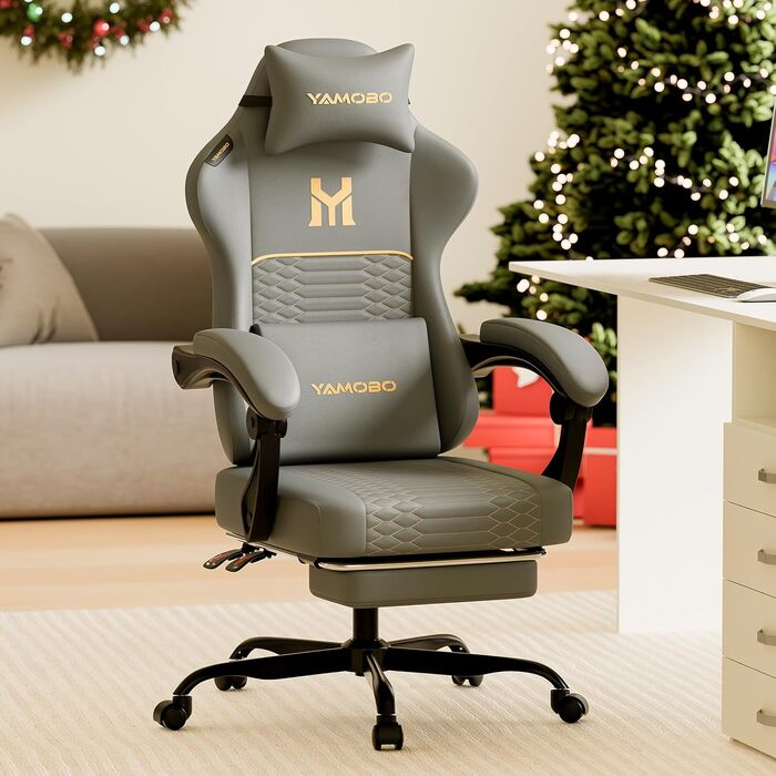 Геймерське крісло Ergonomisch з підлокітниками, підставкою для ніг, подушкою для попереку та голови, регульованою висотою, оббивка PU, сірий колір P-grey