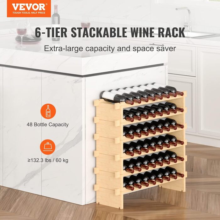 VEVOR Wine Rack, Wine Stand for 48 Bottles, Bamboo Bottle Rack with 6 Compartments, Stackable Vintage Wine Rack Metal for Cellar, Bar, Storage Room, etc. Bottle Holder Wine Bottle Rack, Holds up to 60 kg