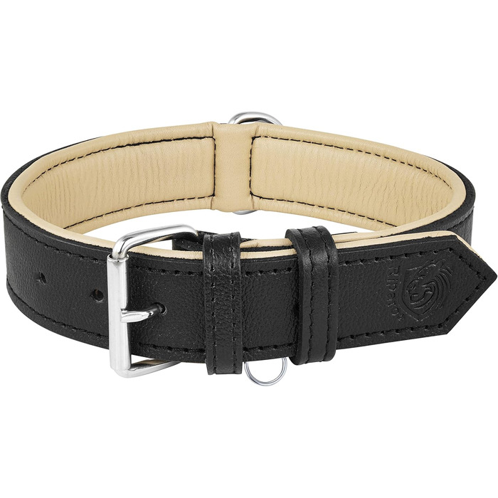 Riparo Genuine Leather Adjustable Dog Collar with Additional Reinforcement (XL: 4.5CM Wide for 53.4CM - 63.5CM Neck, Black)