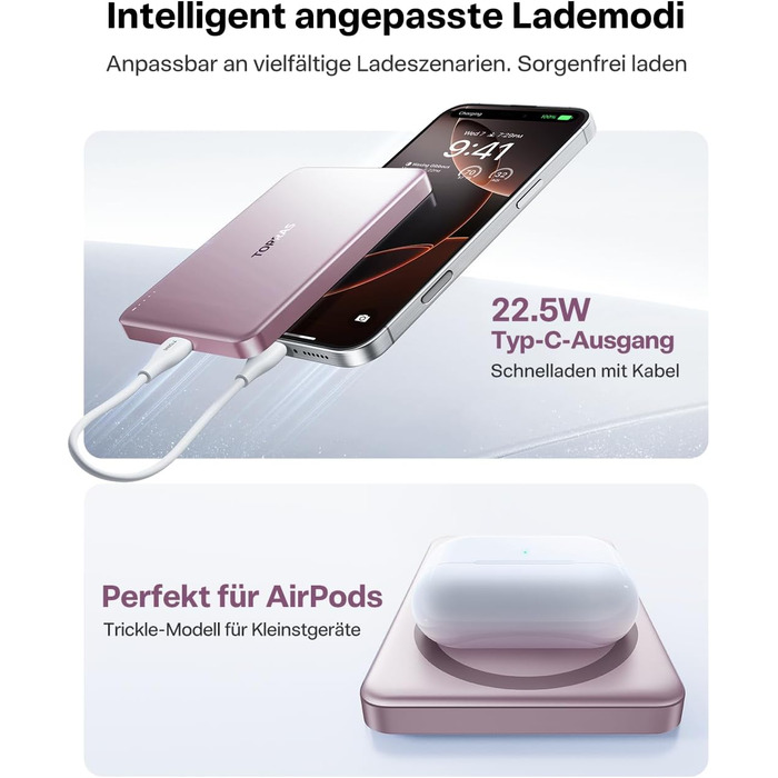 Портативний зарядний пристрій TORRAS MiniMag MagSafe, 10000mAh, 22.5W, з магнітним кріпленням, рожевий. Power Bank для iPhone 17 Pro Max/Air/16/15/14/13/12, Wüsten Titan.