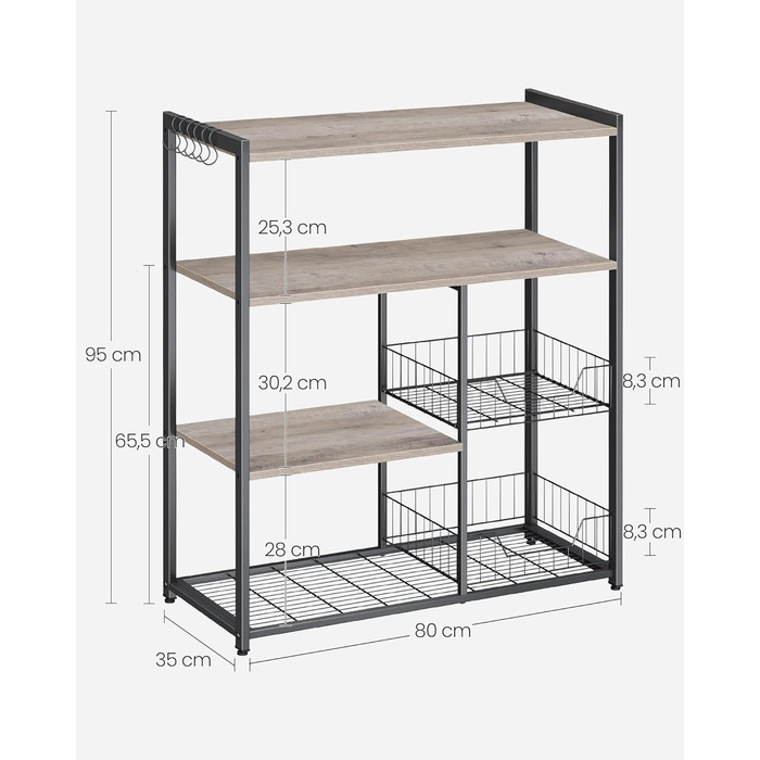 Стелаж кухонний VASAGLE з 2 металевими кошиками, бакалійний стелаж з гачками та полицями, для мікрохвильової печі, 35 x 80 x 93,5 см, золотий дуб + чорний