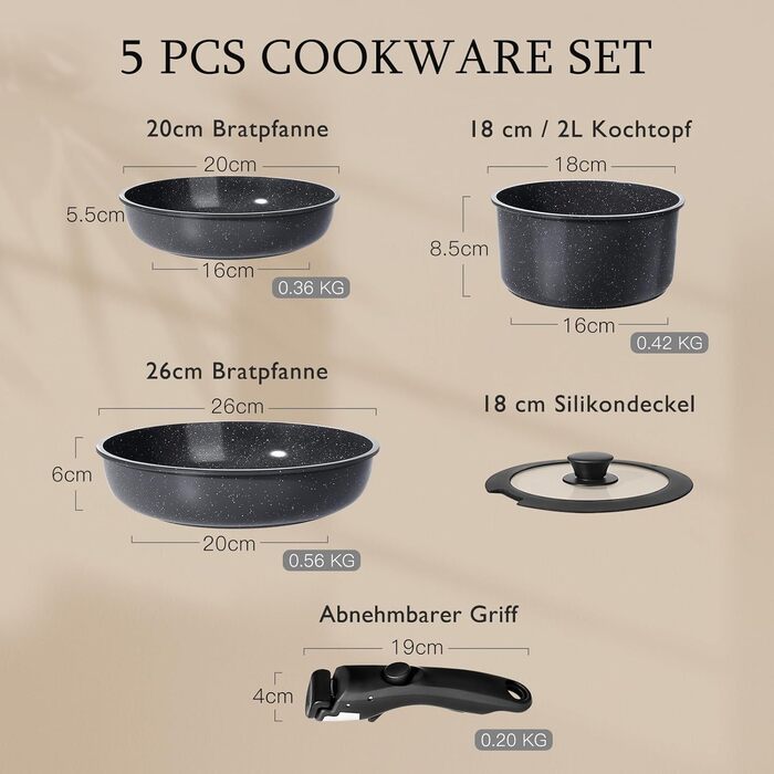 GiPP 5-Piece Ceramic Cookware Set with Removable Handle - Non-Stick, Induction Ready, Oven Safe, PTFE/PFOA-Free - White & Black