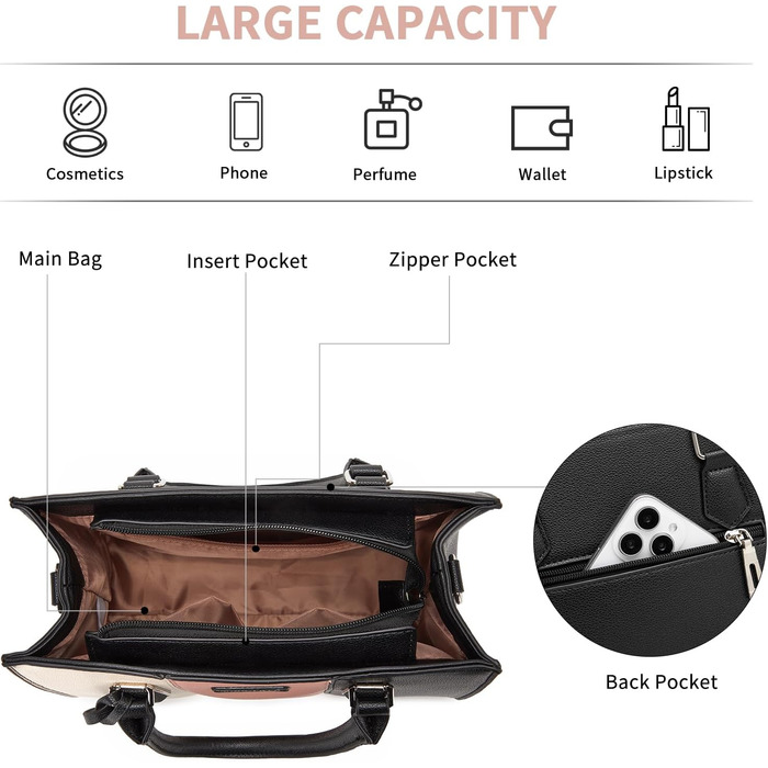 Сумка жіноча Miss Lulu середнього розміру з PU шкіри, рожево-сіра, з плечовим ременем для офісу, школи, подорожей та покупок