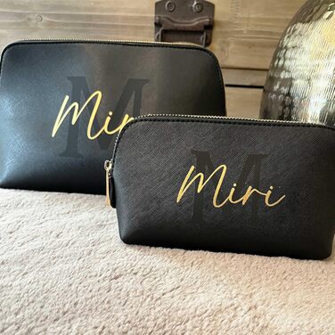 Personalized Cosmetic Bag Initia + Name, Makeup Bag, Toiletry Bag for Women, Handbag, Gift for Women, Makeup Beauty (Large) (L, Black)