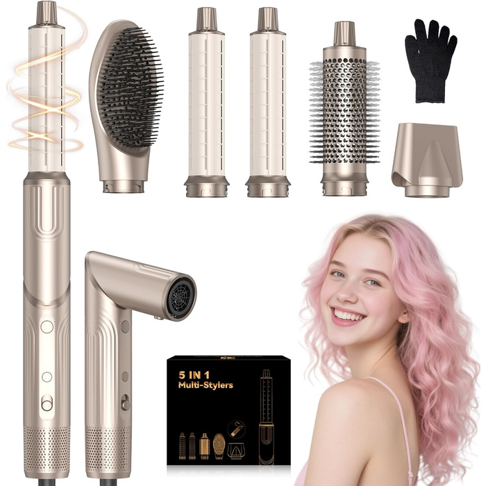 Atopskins 7-в-1 Airstyler: професійний набір для укладки волосся, 110000 обертів/хв, 1400 Вт. Фен-щітка, плойка для локонів, випрямляч, іонізація. Об'єм, сушка, випрямлення, локони (Золотий)