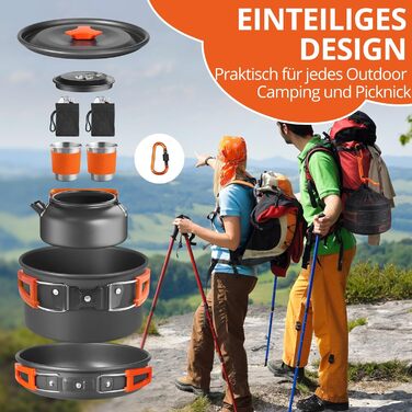 Набір посуду для кемпінгу Funykich 17 предметів: каструлі, сковорідки, чашки, столові прибори. Підходить для 2 осіб, пікніків, походів.