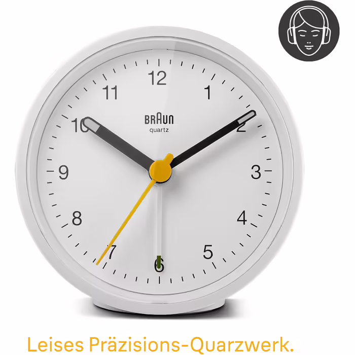 Braun Classic Analog Alarm Clock with Snooze Function and Light, Silent Quartz Movement, Crescendo Alarm in White, Model BC12W.