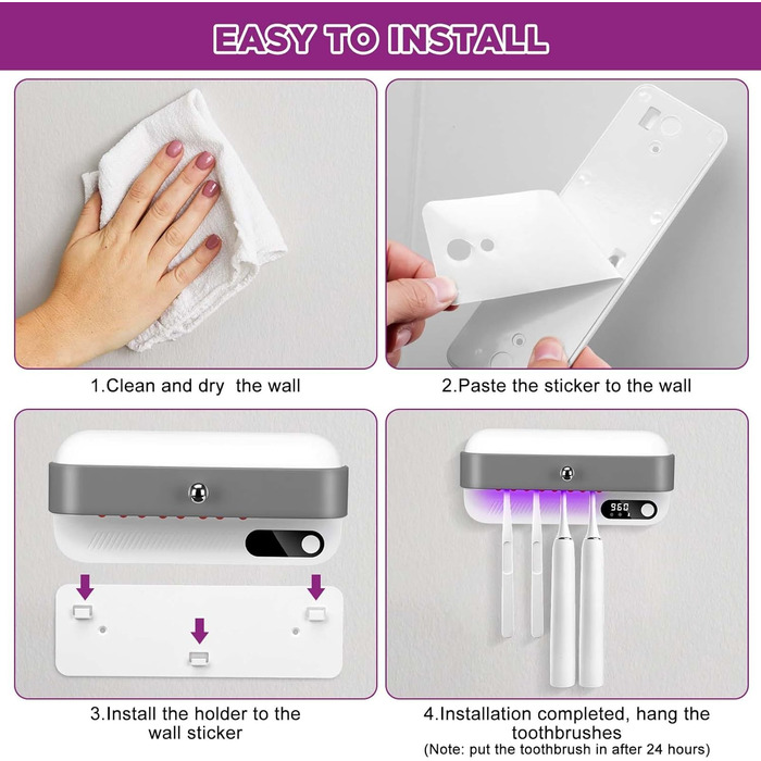 Bestcool Toothbrush Holder Wall Mount, UV Toothbrush Sterilizer with 4 Brush Slots, UVC Sterilization & Drying Electric Toothbrush Holder for Baby & Family, Bathroom Organizer