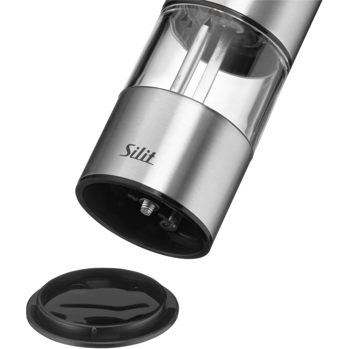 Silit Electric Grinder Set, 2-piece, 23 cm, Electric Salt and Pepper Grinder, Unfilled, Spice Grinders, Grinder for Salt, Pepper, Chili Peppers, Ceramic Grinder, Stainless Steel, Acrylic Glass