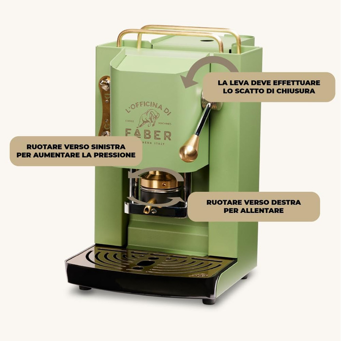 Faber Coffee Machines | Pro Deluxe Model | ESE 44 mm Coffee Pod Machine | Brass-Coated Finish | Adjustable Brass Pad Press | Standard Electrical Valve (Acid Green)