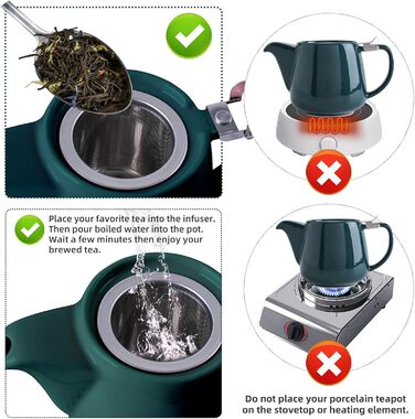 VIVILINEN Porcelain Teapot Ceramic Handmade 18/8 Stainless Steel Infuser Stainless Steel Fine Mesh Infuser with Filter (Green)