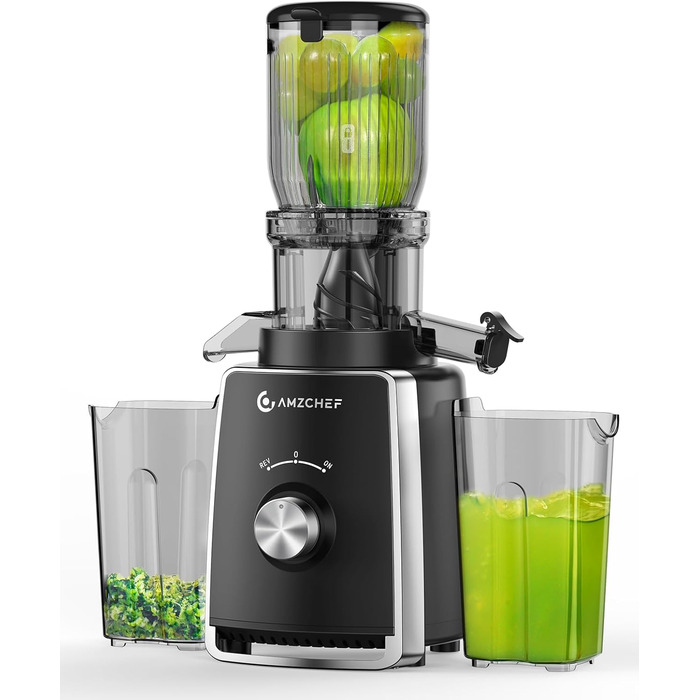 AMZCHEF Електричний соковитискач Slow Juicer 103 мм - потужність 250W, для овочів та фруктів, з 2 фільтрами, тихий двигун, функція реверсу, чорний