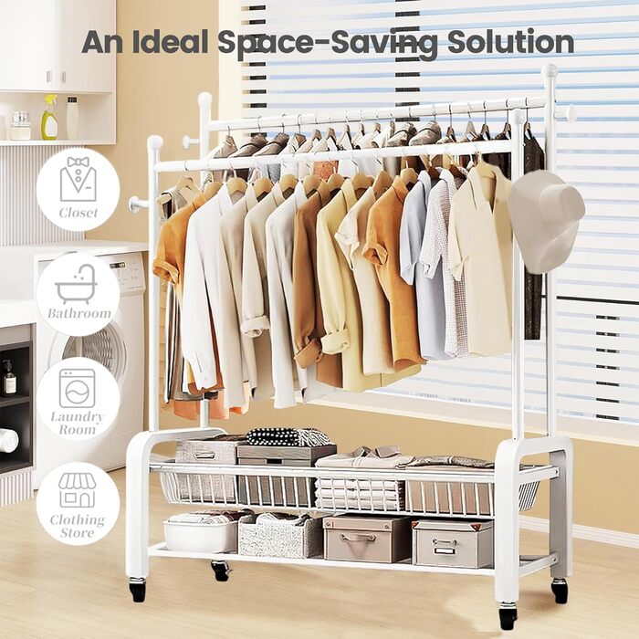 Стійка для одягу на колесах, двоярусна, з двома перекладинами (біла)