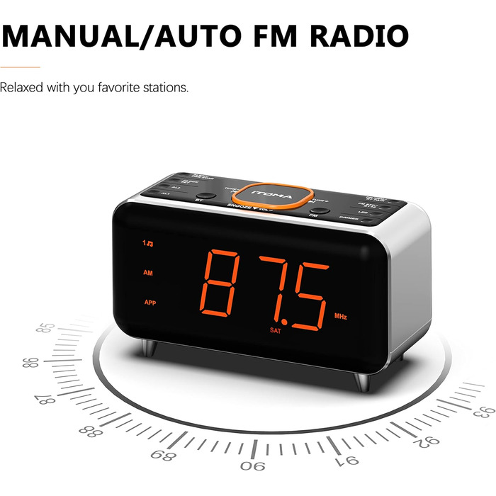 iTOMA Radio Alarm Clock with App Control, Bluetooth, FM Radio, Dual Alarm with 4 Alarm Modes, Easy Snooze, Dimmer, Orange Night Light, 12/24 Hr via USB Charging Port CKS208